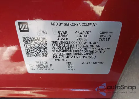 2024 Chevrolet Trax Fwd 2Rs z USA, uszkodzony, nr VIN KL77LJE21RC090628